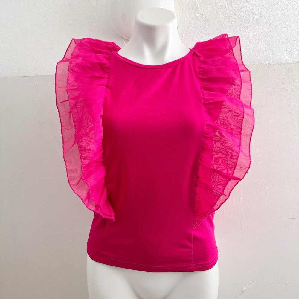 Celebrity Hot Pink Ruffle Flutter Sleeve Top Fuchsia Organza Barbiecore Large